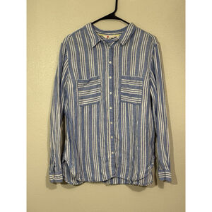 Boden Women's Blue & White Striped Linen Button Up Long Sleeve Shirt Size 16R